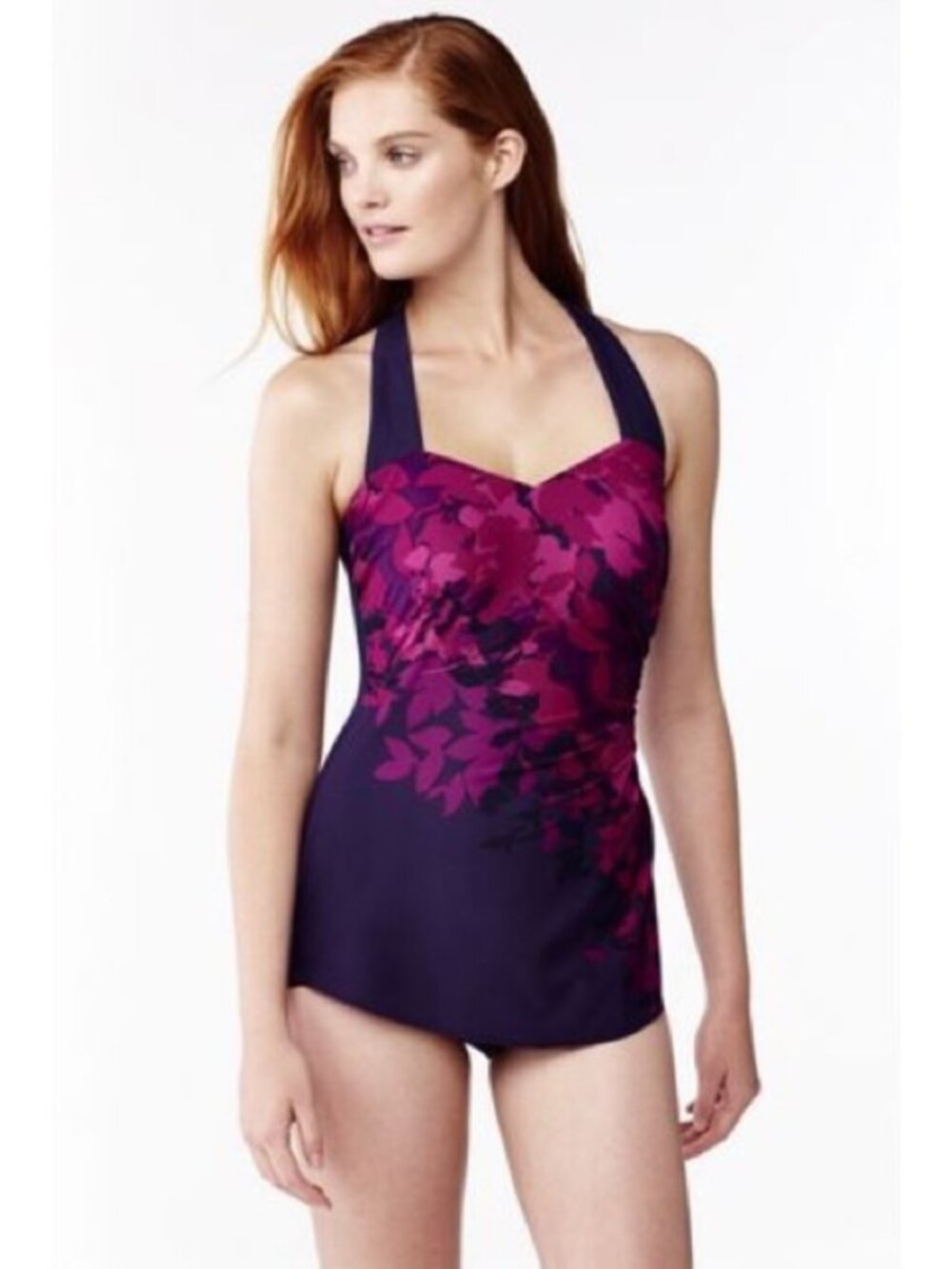 Lands' End Dark Purple & Pink Floral Slender Tunic One Piece Swimsuit